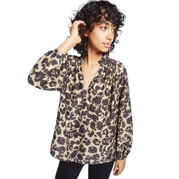 CURRENT ELLIOTT Annabelle Blouse In Khaki Inky Leopard Print XS - Picture 2 of 9